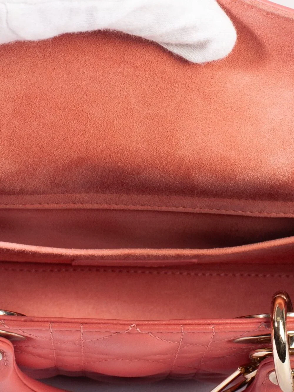 Authentic Christian Dior Coral Small Lady D-Joy Lambskin Cannage Handbag